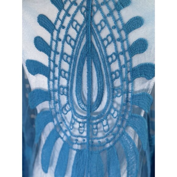 Rebellione Size M /L Long Blue Sheer Cover Up Kimono With Embroidered Floral - Picture 9 of 11